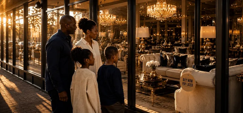 A family of four pauses outside a bright furniture showroom at dusk, a ‘buy now, pay later’ sign hanging on the glass.